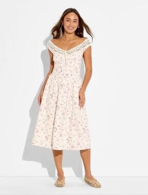 XXL Women's Button-Front Lace Midi Dress Off-White & pink Floral-NWT